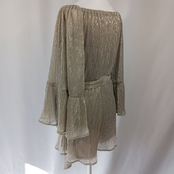 Lush Metallic Gold Romper, Flounce Sleeves, Tie Waist, Off the Shoulder, Size S - Picture 5 of 12